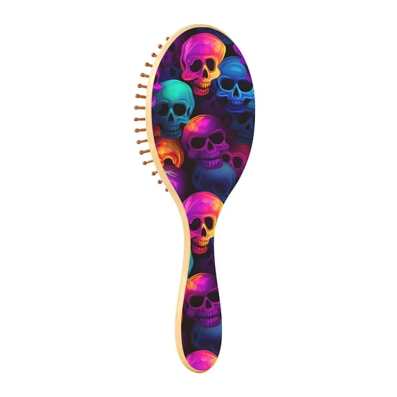 JSTEL Rainbow Skulls Hair Brush for Women Men Natural Wood Detangler Brushes for All Hair Types Hairbrush for Wet & Dry