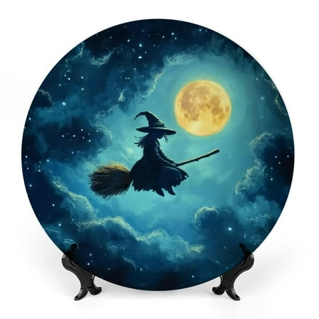 

FUMJ Witch Broom Night Sky Bone China Decorative Plate Halloween Room Decoration 7x7inch