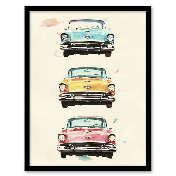 Artery8 3 Three Classic Vintage Cars Watercolour Modern Living Room Art Print Framed Poster Wall Decor 12x16 inch