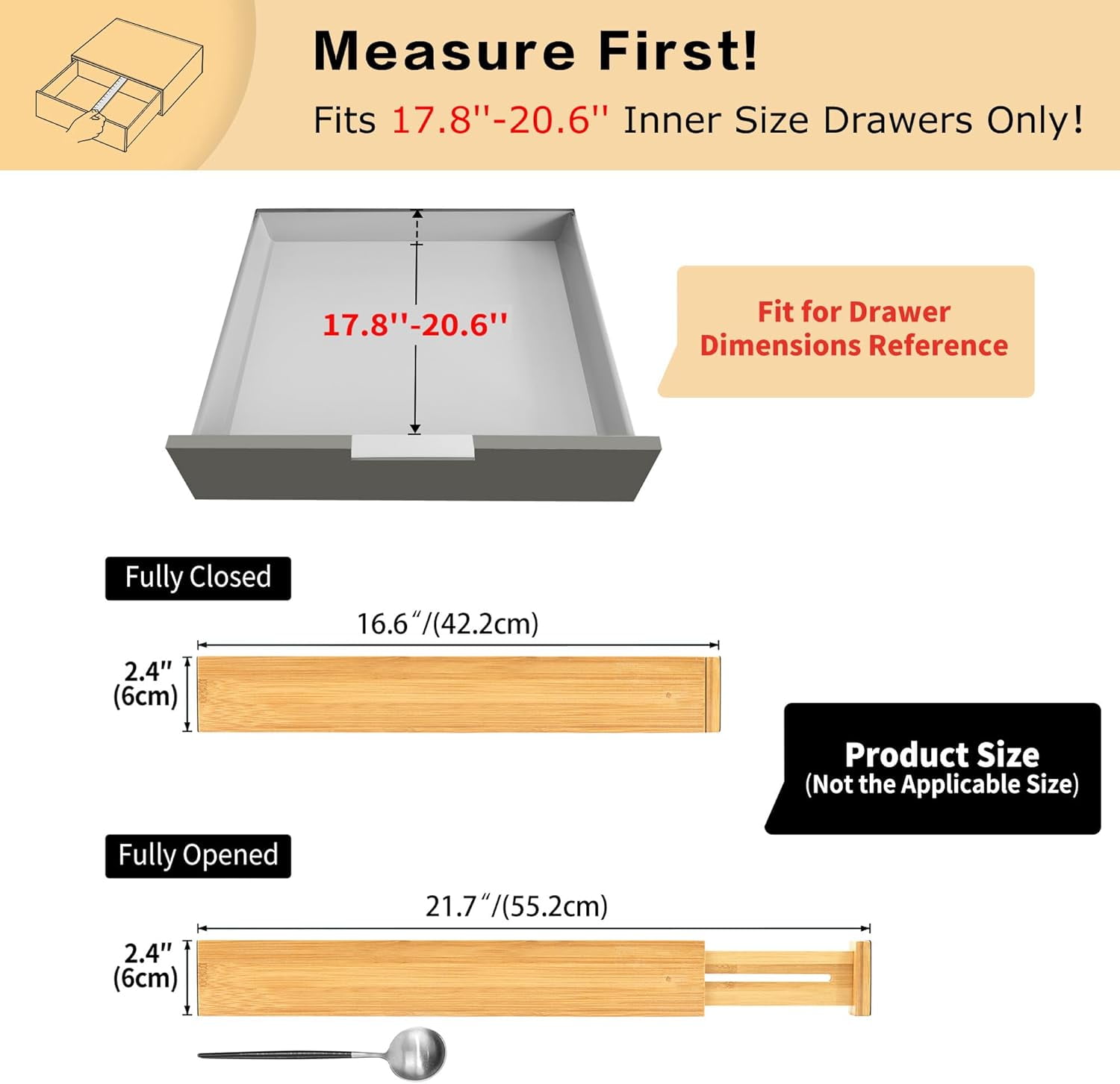Utoplike 4 Pack Bamboo Kitchen Drawer Dividers(16.8-21.8IN),Adjustable Drawer Organizers,Spring Loaded,Works in Kitchen,Dresser,Bathroom,Bedroom,Baby Drawer,Desk