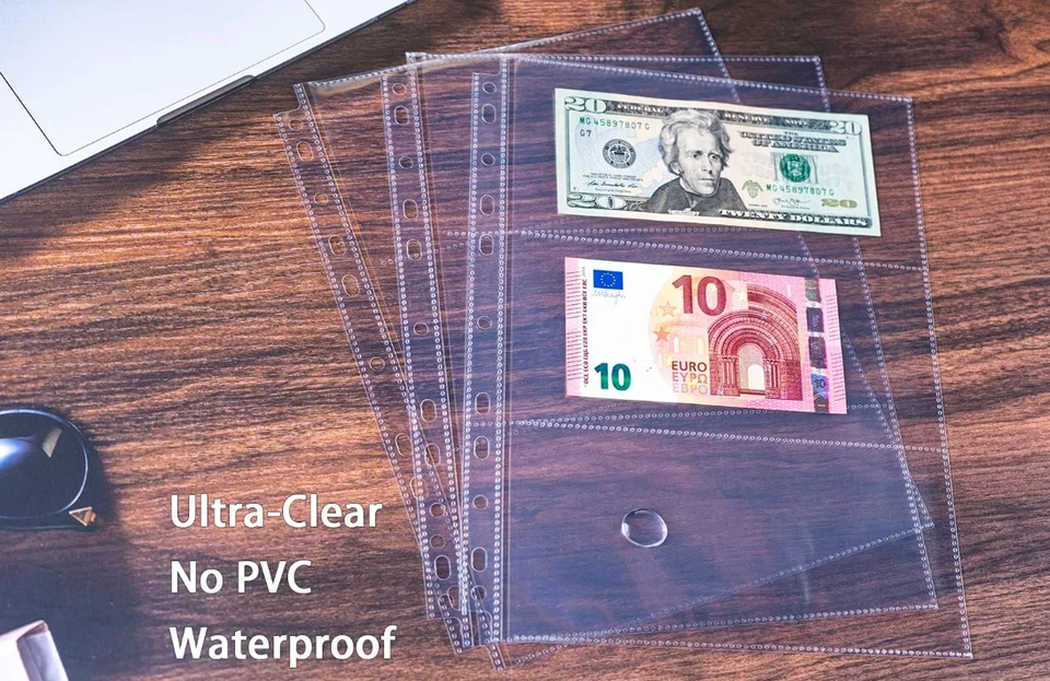 CRESTIN- 30 Sheets Currency Pages 3 Pockets Paper Money Protectors For 3 Ring Binders