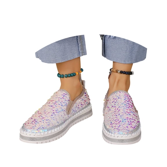 Women's Platform Rhinestones Glitter Fashion Sneakers Comfortable Slip On Flat Loafers Walking Wedding Dress Casual Shoes