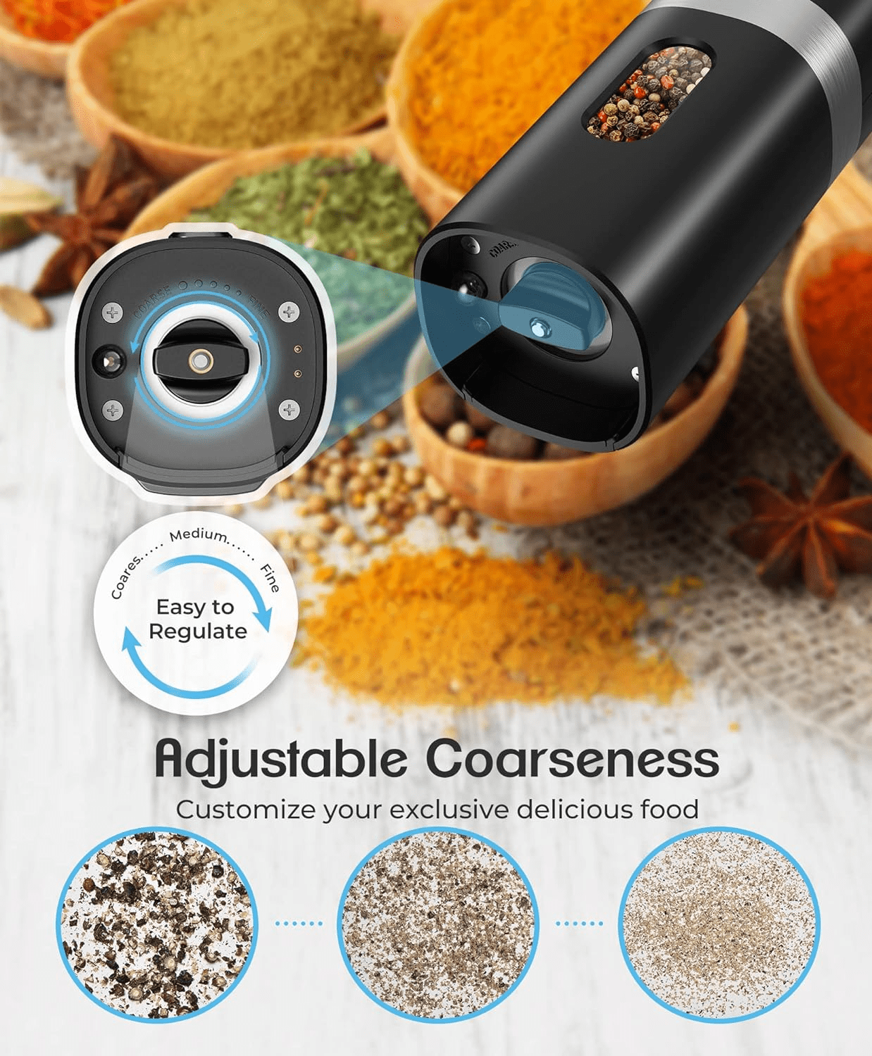 VicTsing Electric Salt and Pepper Grinder Set, Auto Pepper Mill Grinder with Charging Base & 4*Rechargeable Batteries, LED White Light, Adjustable Coarseness, for Kitchen & Outdoor, 2Pack