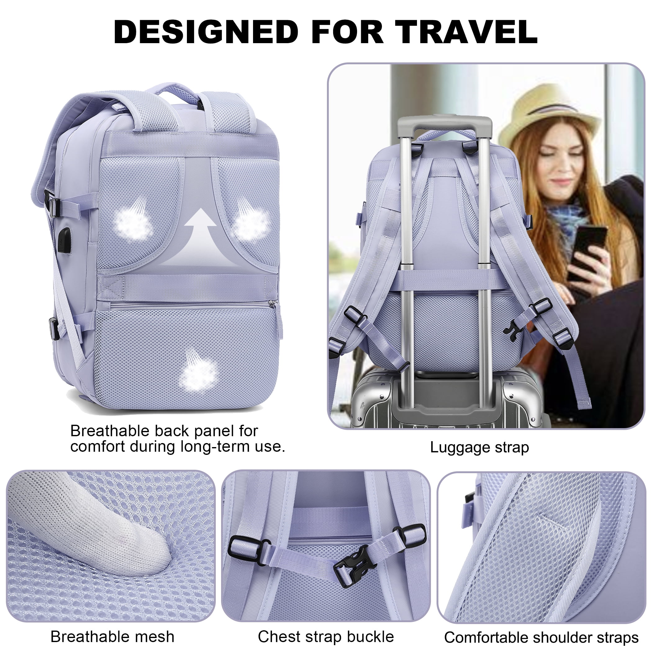 Large Travel Backpack for Women , Carry on Backpack for Outdoor Sports , Waterproof Laptop Bag with USB Port , College Backpack Flight Approved, Purple