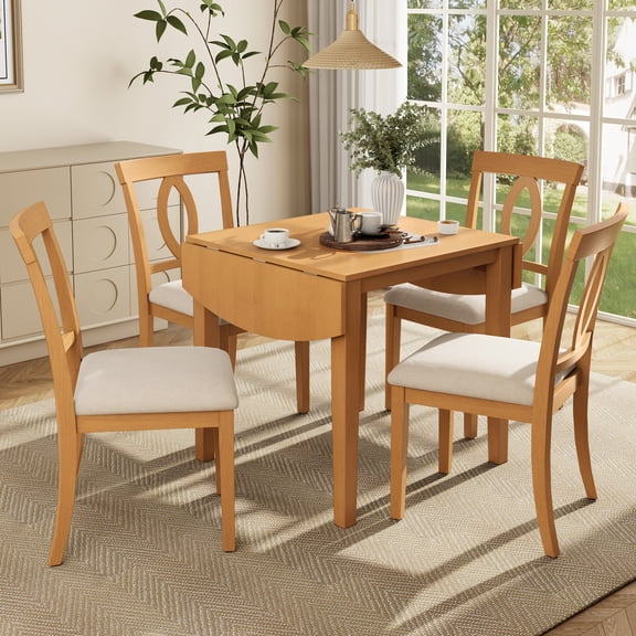Euroco 5 Piece Dining Table Set for 4 People, 47.3" Extendable Kitchen Table with 4 Upholstered Chairs, Wood Dining Set for Kitchen Dining Room,Space-Saving,Natural