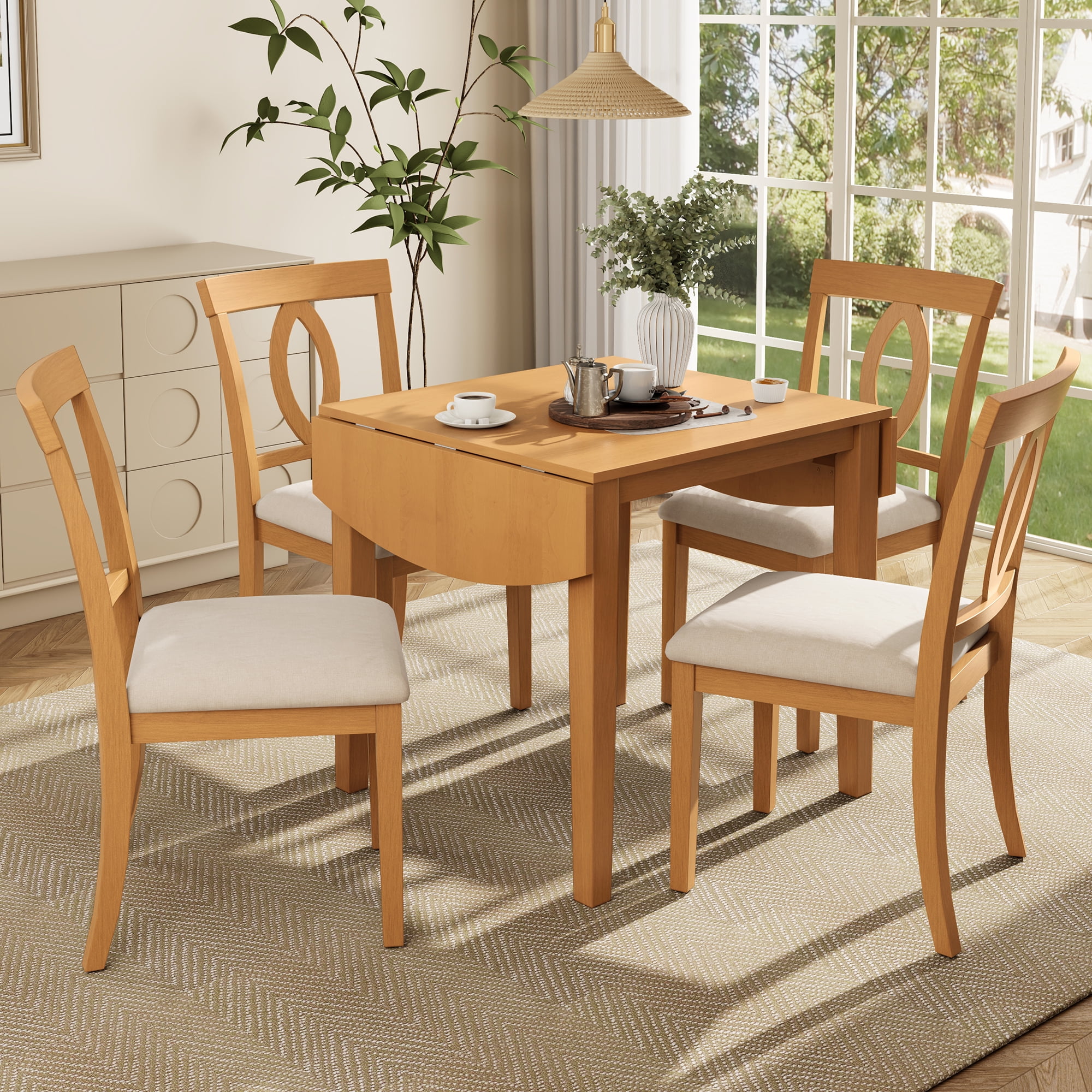 Euroco 5 Piece Dining Table Set for 4 People 47.3 Extendable Kitchen Table with 4 Upholstered Chairs Wood Dining Set for Kitchen Dining Room Space-Saving Natural