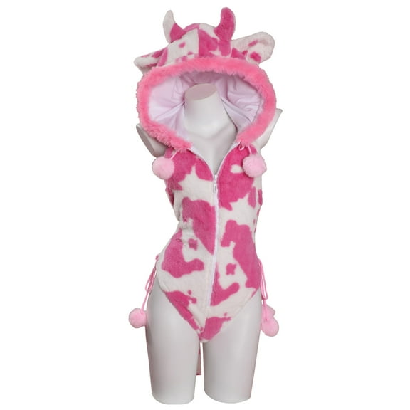 MOBBUNNY Women's Cow Print Romper Onesie Pajamas Plush Hooded Bodysuit with Gloves and Socks