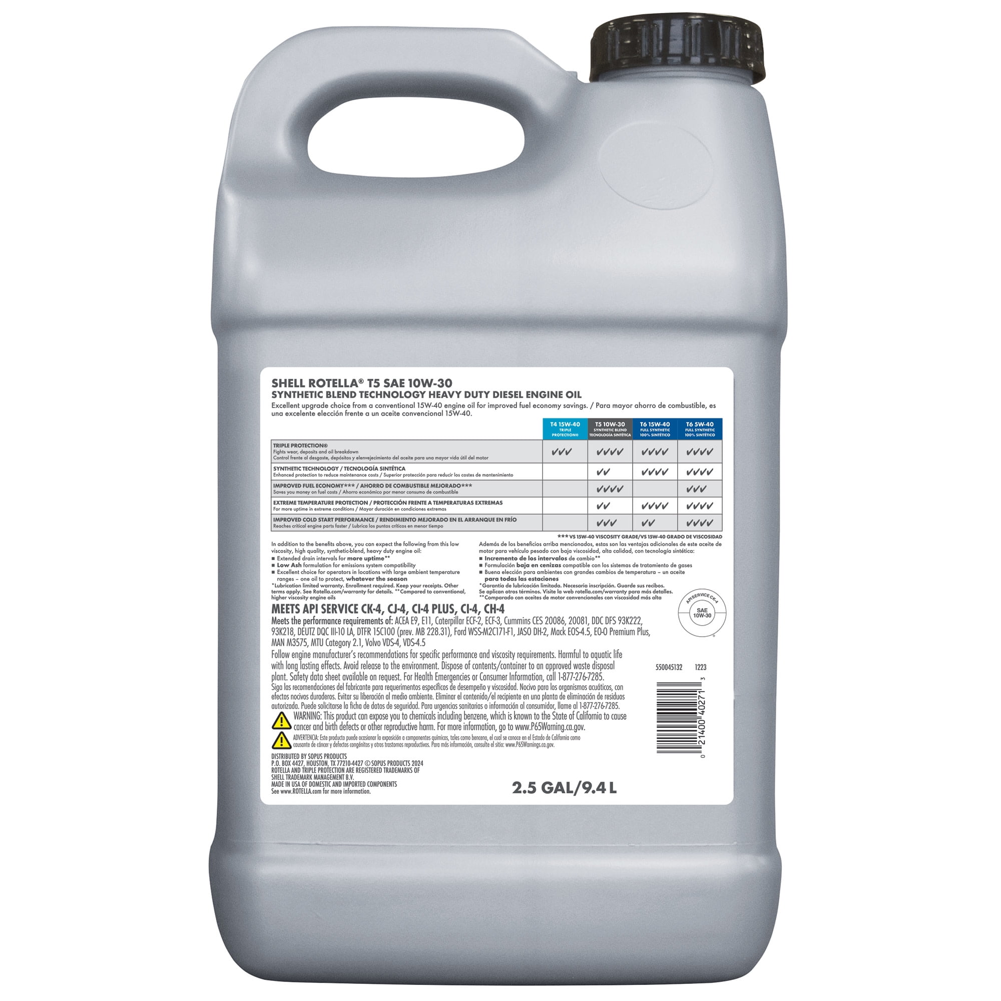 Shell Rotella T5 Synthetic Blend 10W-30 Diesel Engine Oil, 2.5 Gallon