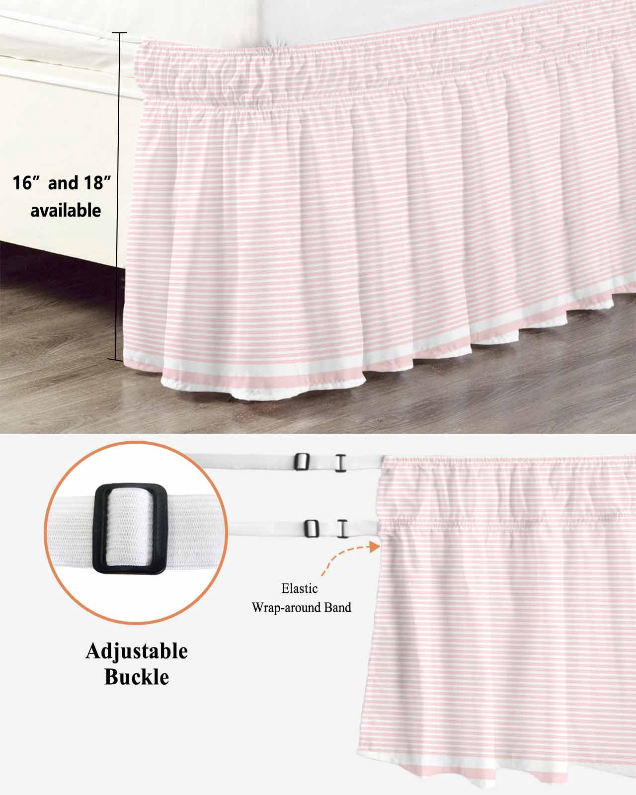 Farmhouse Pink White Striped Bed Skirt King Size, Modern Stripes Wrap Around Bed Skirting with Adjustable Elastic Strap, Dust Ruffle Pleated Bedskirts 16 Inch Drop for Bedroom King Beds