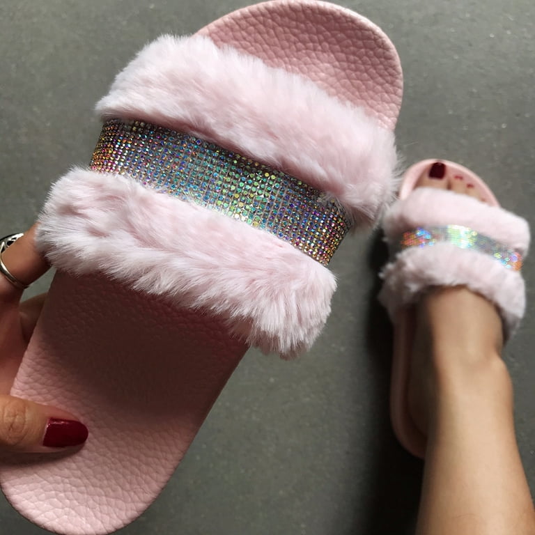 Pink So Fluffy Slide Flat Sandal Women's Fluffy Feather Flat