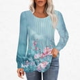 thumbnail image 4 of Long Sleeve Floral Tops for Women Fall Trendy 2025 Pleated Round Neck Graphic Tee Casual Polyester Cotton T Shirts (M, Blue 01), 4 of 5