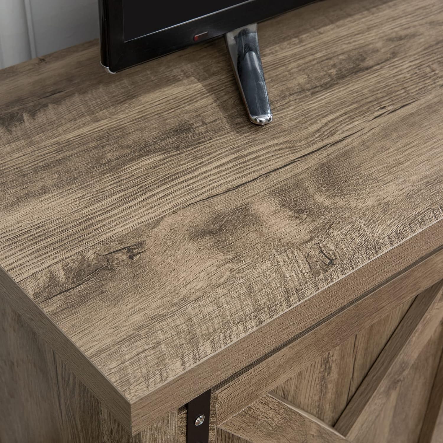 Reliancer Farmhouse TV Stand for TVs up to 65”, with Sliding Barn Doors, Light Grey