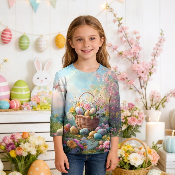 Blusas y camisas de manga larga con cuello redondo y estampado de Pascua, camiseta interior de cuello redondo y manga tres cuartos para niños de talla mediana y grande.