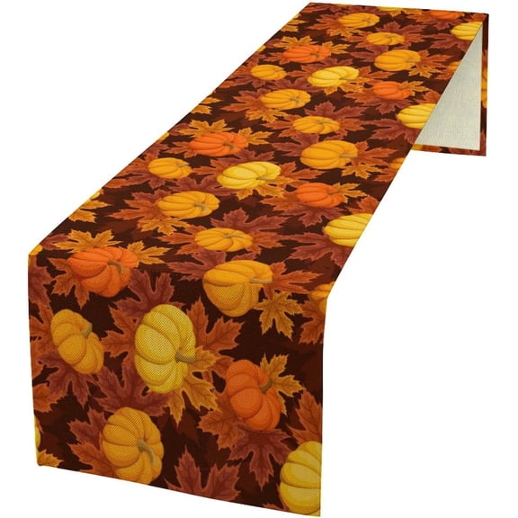 Thanksgiving Pumpkin Table Runner, Autumn Orange Maple Leaves Watercolor Fall Fallen Leaf Table Runners for Kitchen Dining Tabletop Decoration Parties Weddings 13x36 Inch