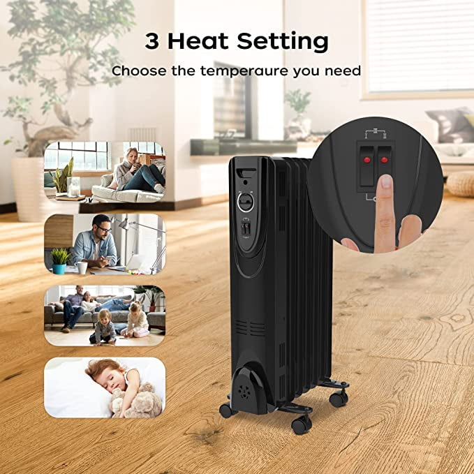 BYUMICHORI Oil Filled Radiator Heater, 1500W Electric Oil Heater w/  Adjustable Thermostat, 3 Heating Settings, Tip Over u0026 Overheating  Protection - Walmart.com