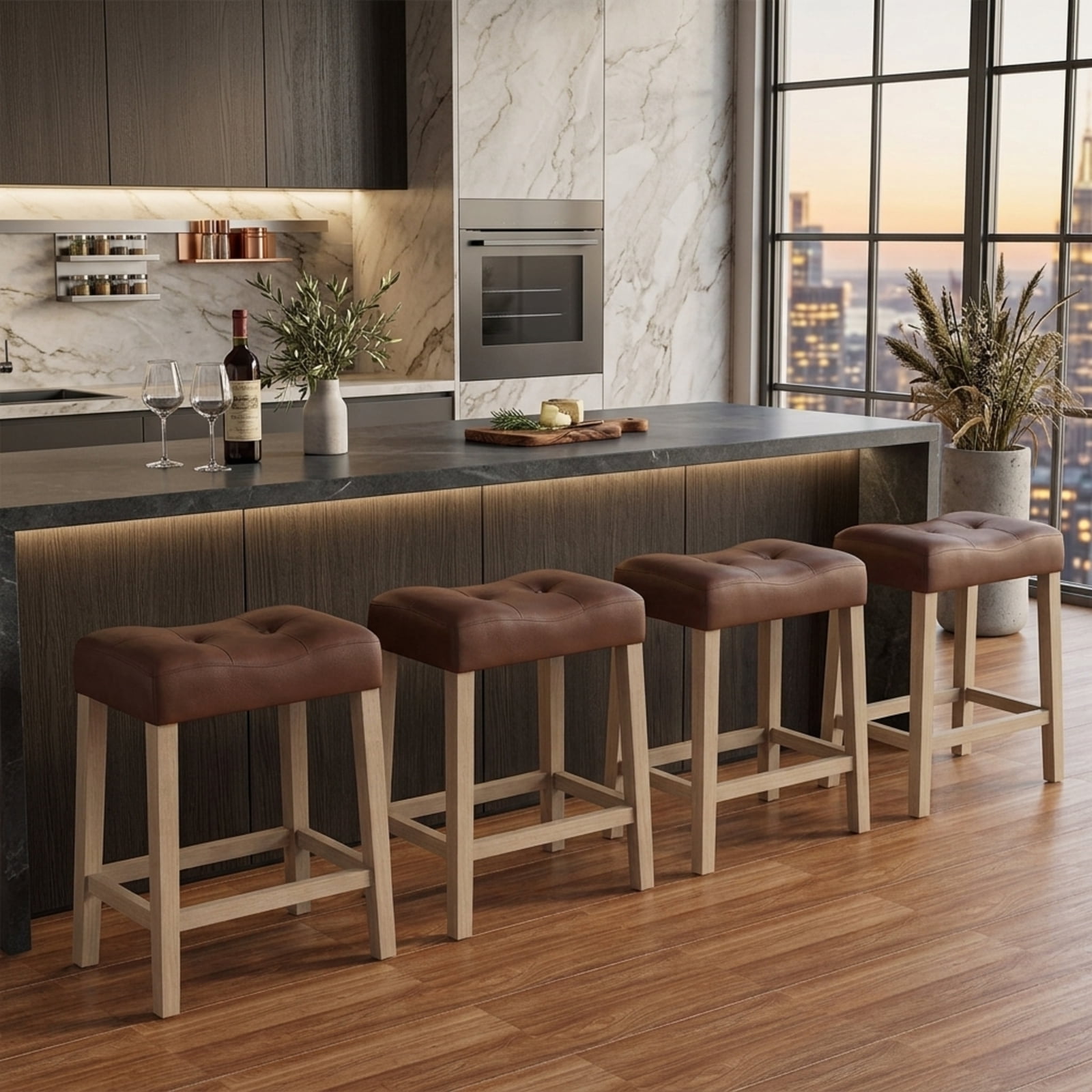 Furnibear Set of 4 Upholstered Counter Height Bar Stool with Curved Saddle-Seat for Kitchen Island Counter Bar Pub Dining Home, Natural