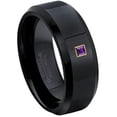 thumbnail image 1 of 0.05ctw Princess Cut Amethyst Tungsten Ring - 8MM Polished Black IP Beveled Edge Tungsten Carbide Wedding Band - February Birthstone Ring - 14kt Yellow Gold Bezel - TN084PSG-1AMTs9.5, 1 of 2