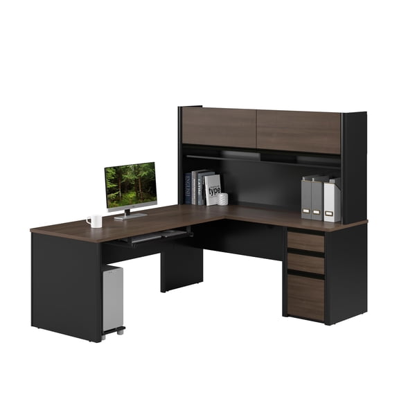 Connexion L Shaped Desk with Hutch in Antigua and Black - Engineered Wood