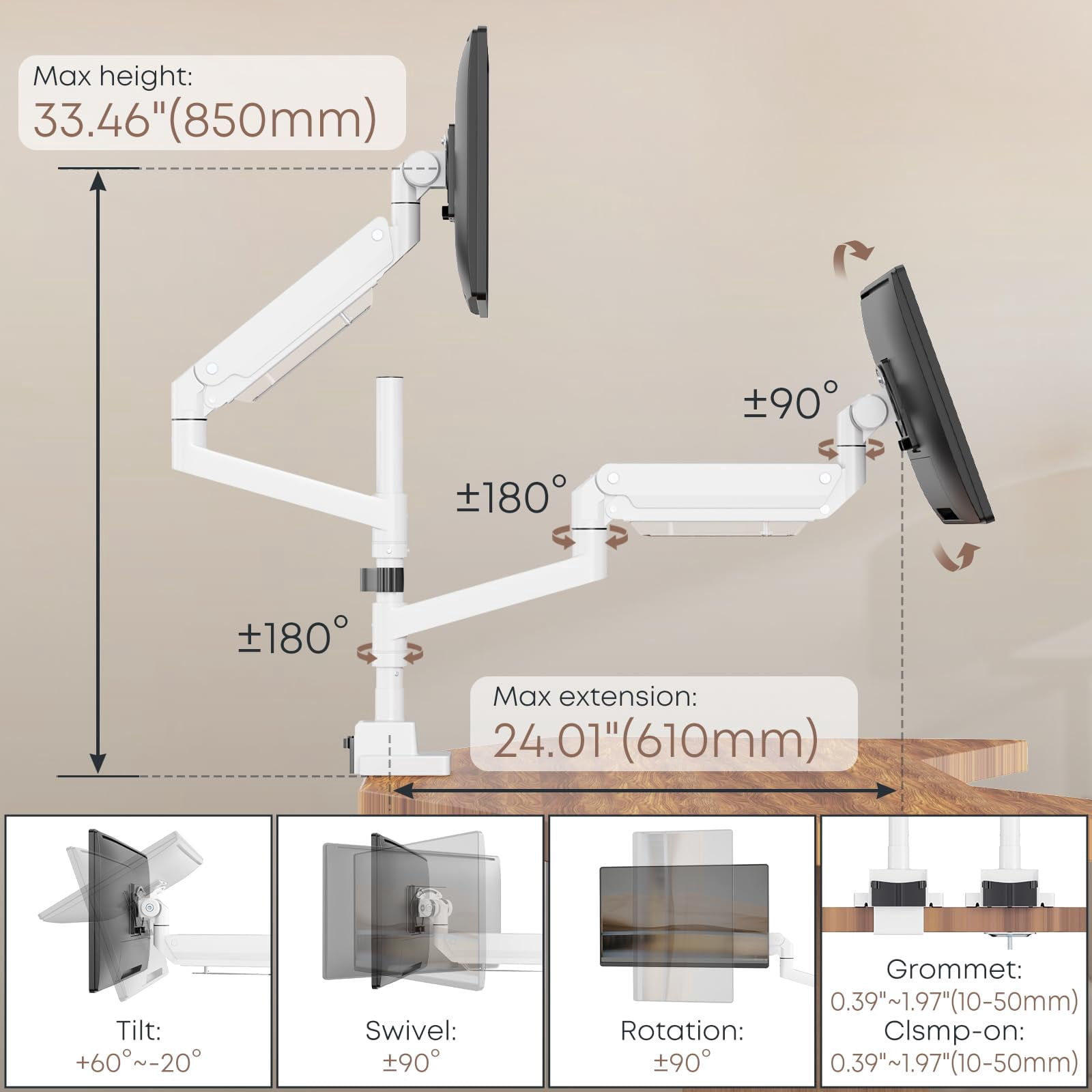 PUTORSEN 24-57 inch Dual Vertical Monitor Mount, Heavy Duty Monitor Arm for 2 Monitors, up to 59.4 lbs, Extra Tall/Wide Adjustable, Premium Aluminum Dual Monitor Desk Mount, VESA 75x75-200x200 mm