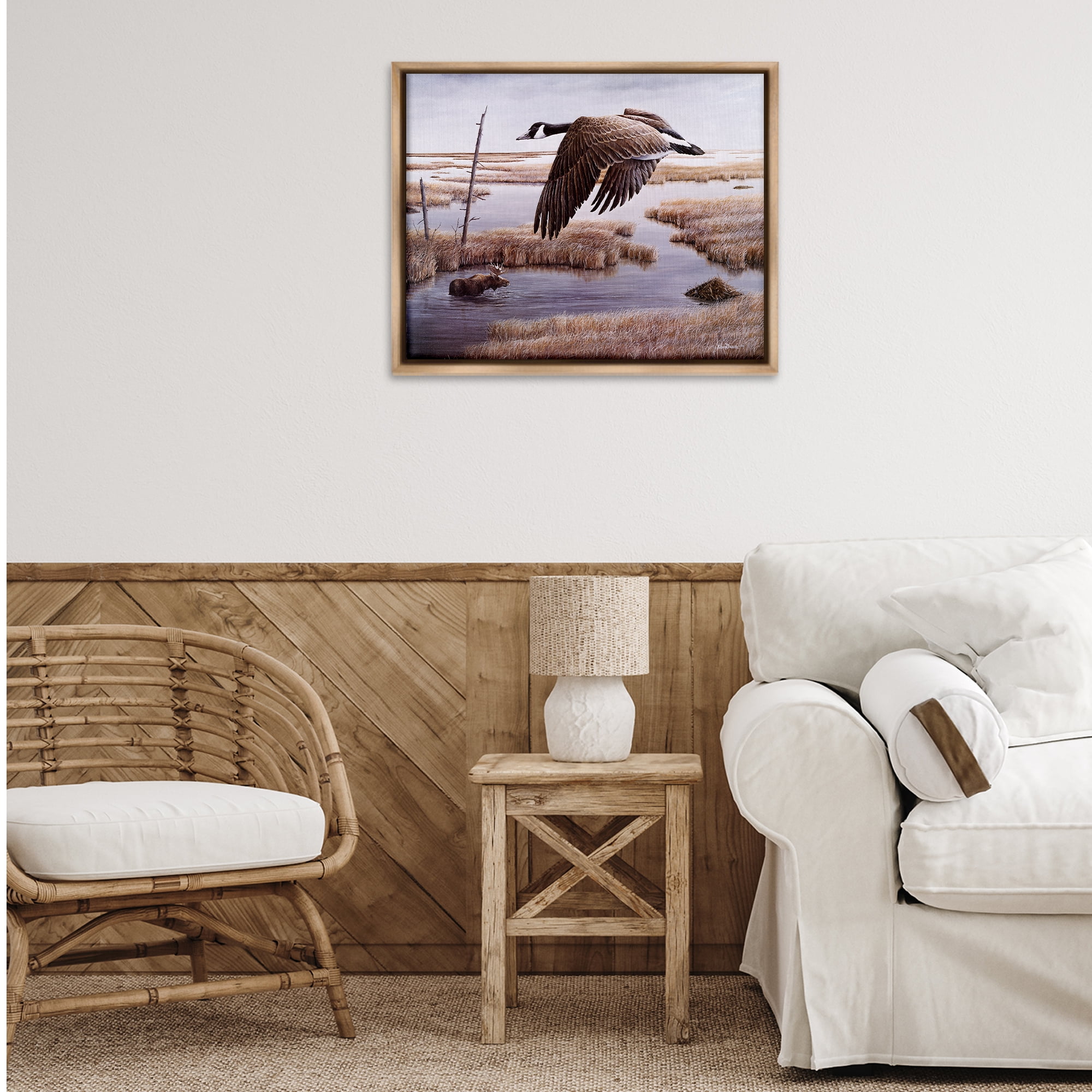 Stupell Industries Goose Over Creek Animals Painting Brown Floater Framed Canvas Art Print Wall Art, 31 x 25