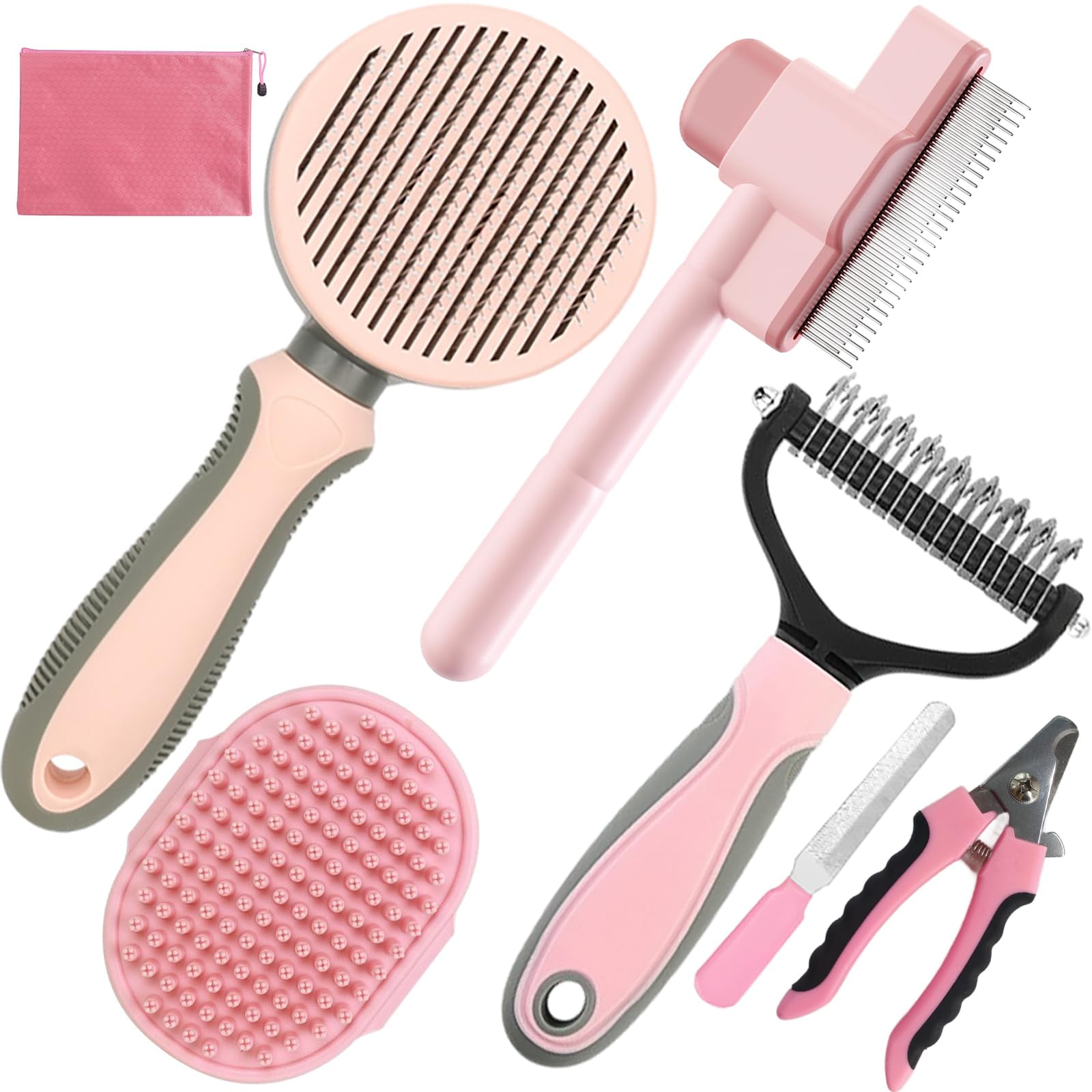 Pet Grooming Brush Set A-Pink 7-Piece Deshedding Kit for Dogs and Cats