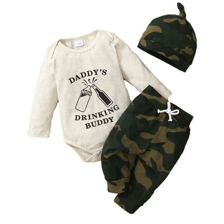

Kucnuzki 12 Months Baby Boy Winter Outfits Pants Sets 18 Months Long Sleeve Letter Prints Hooded Tops Elastic Camouflage Prints Pants Hat 3PCS Set Green