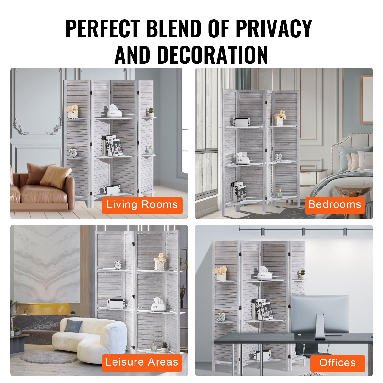 VEVOR Wood Room Divider, 4 Panel Wood Folding Privacy Screen, 66.9 Inches&nbsp;Tall Indoor Louvered Partition Divider, Portable Decoration Screen, for Room Separation,&nbsp;Home