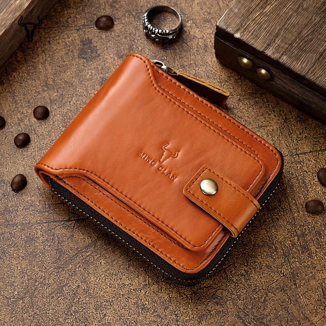 Genuine Leather Zipper Wallet For Men - RFID Blocking Large Capacity Credit Card Holder Holder Wallet, Business Style, Solid Color