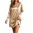 thumbnail image 2 of Womens Satin Silk Nightgown V-Neck Loose Fit Soft Long Sleeve Night Sleepwear Dress Khaki M, 2 of 8