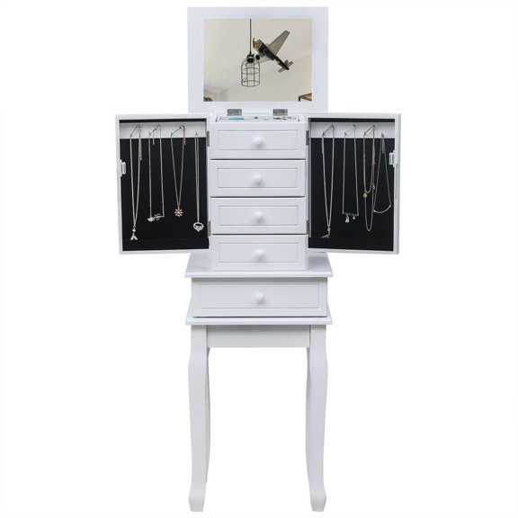UBesGoo 5-Drawer Jewelry Chest Cabinet Storage Organizer Armoire Box Stand Wood Mirror, White