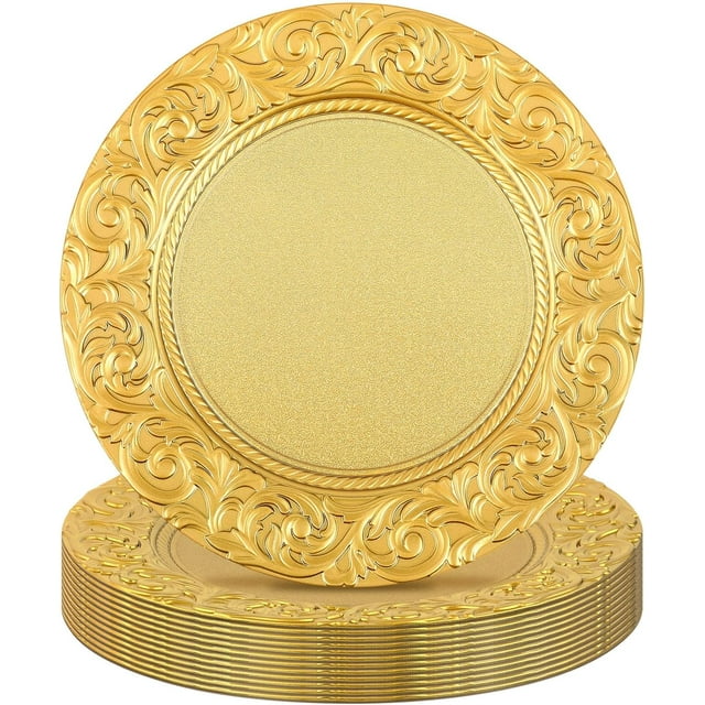12 platos de carga dorados, 13 pulgadas, de plástico antiguo, decorativos, redondos, platos de cena en relieve, para bodas, fiestas, eventos, catering, decoración de mesa
