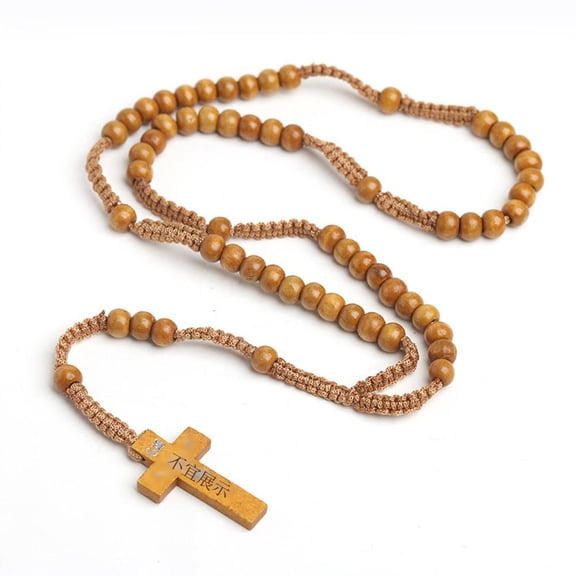 Natural Wood Bead Rosary Necklace Hand-Woven Necklace Jewelry