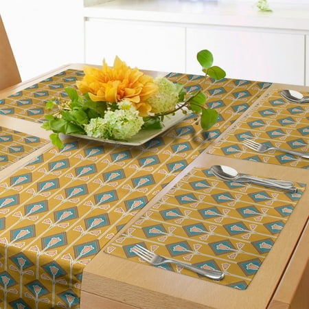 

Floral Table Runner & Placemats Simple Interpretation of Tulips in Rhombus Set for Dining Table Decor Placemat 4 pcs + Runner 14 x90 Yellow Dark Turquoise by Ambesonne