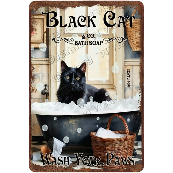 Vintage Black Cat Metal Sign, Wash Your Paws Signs, Funny Cat Sign Wall Decor for Bedroom Bathroom Retro Metal Sign Home Decor For Cat Lovers 12"x8"