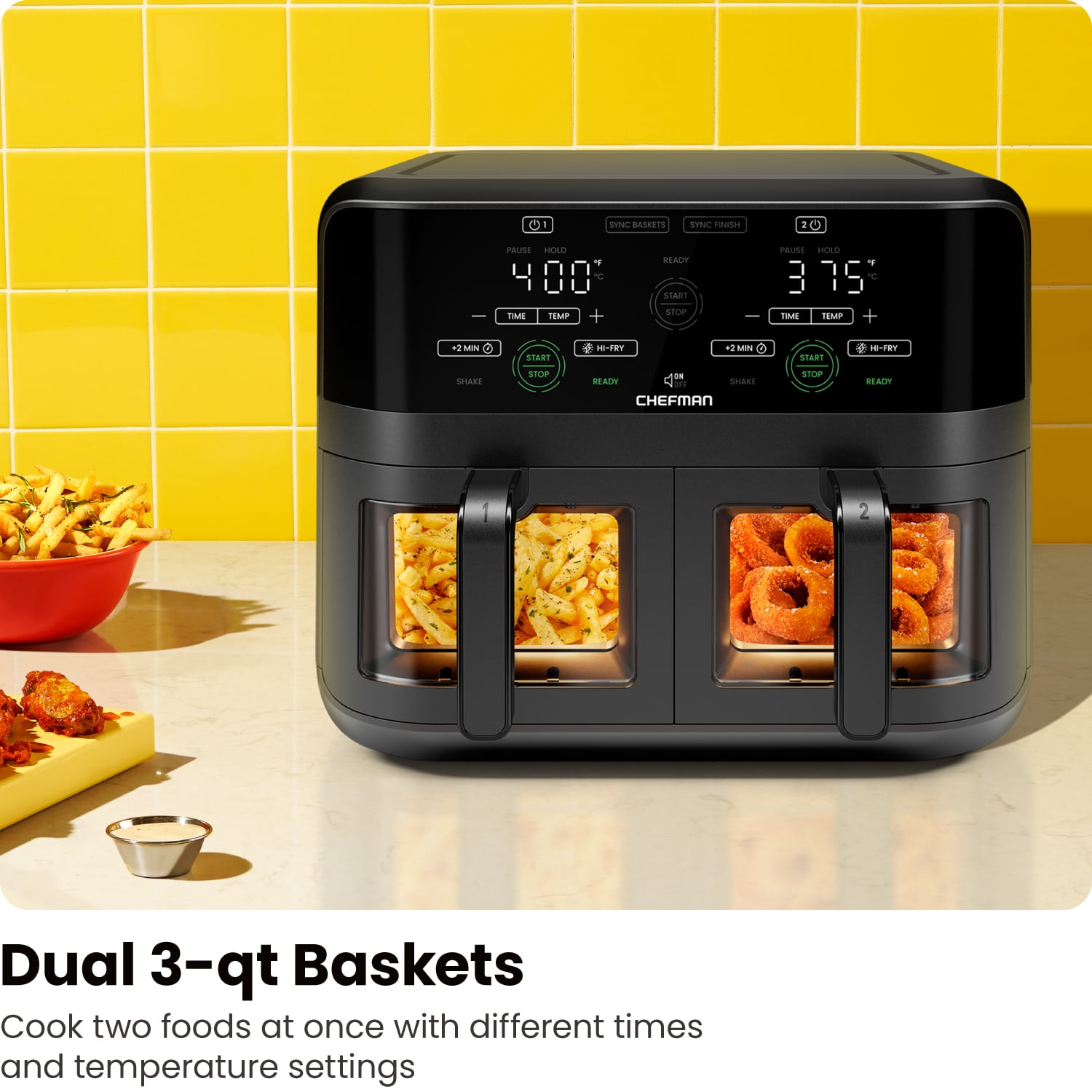 Chefman Dual Basket Digital Air Fryer Oven w Easy View Windows 2 Independent 3 Qt Baskets Black New