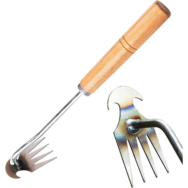 Herramienta de extracción de malezas con asa, herramienta manual de deshierbe para jardín, extractor de deshierbe portátil, deshierbe de jardinería, tirón de deshierbe para patio (4 dientes con mango
