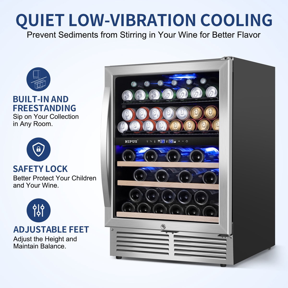 24 Inch 94 Can and 27 Bottle Dual Zone Wine & Beverage Refrigerator Freestanding Built-in Beer and Drink Cooler with Glass Door For Kitchen, Bar or Office Classic Series