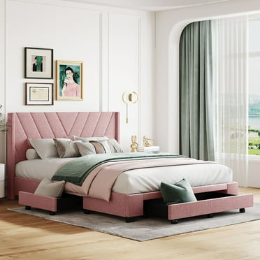 Euroco Queen Size Upholstered Platform Bed with 3 Drawers for Bedroom, Pink