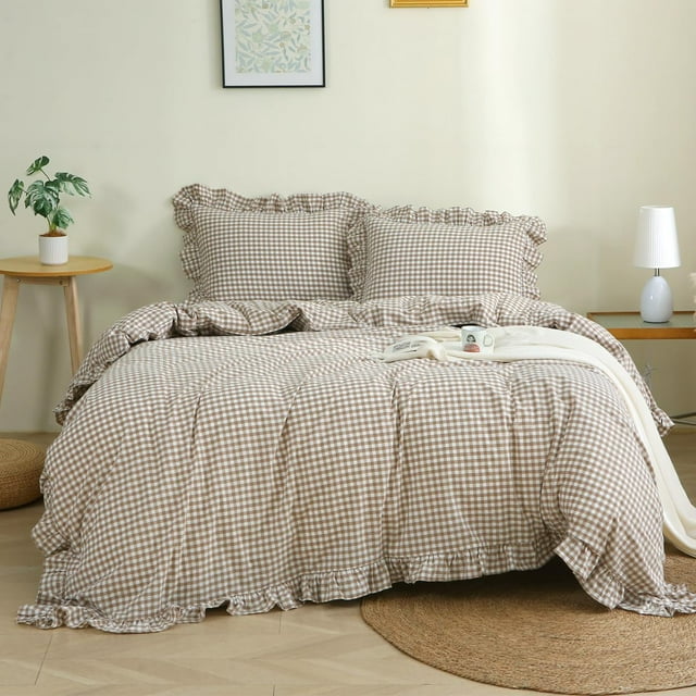 Juego de funda nórdica Silnuo Taupe y White Plaid Ruffle Queen