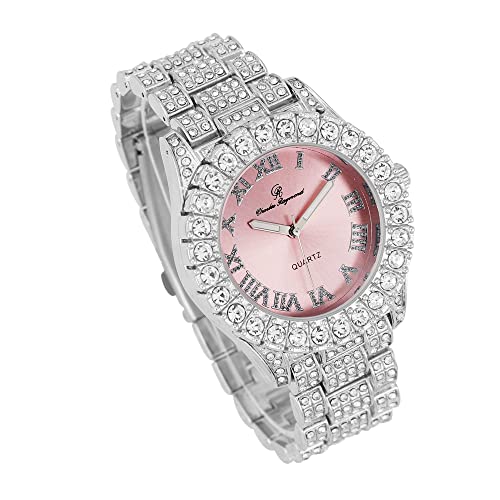 Charles Raymond Women's Big Rocks Bezel Colored Dial with Roman Numerals Fully Iced Out Watch - ST10327LA (ST10327LA SLV Pnk# - Pnk-TB)