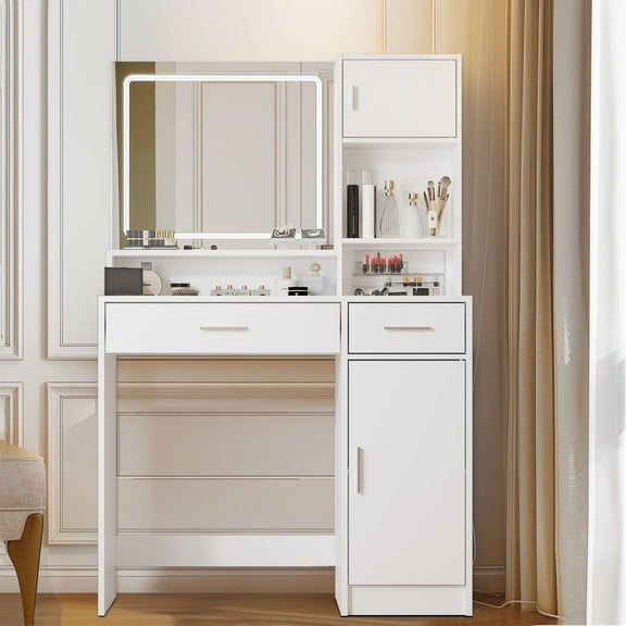 MXKF Makeup Vanity Desk,Dressing Table with Large Drawer , 3 Level Storage Dresser White
