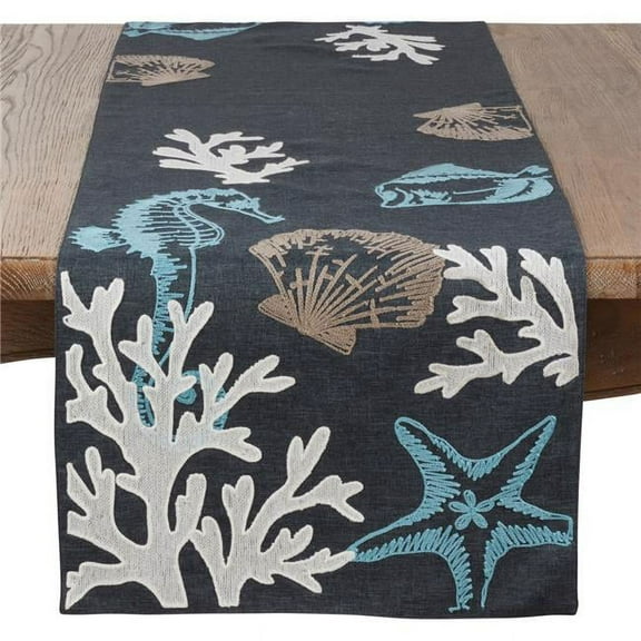 SARO  16 x 70 in. Rectangular Sea life Print Table Runner - Blue