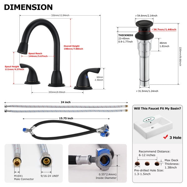 PARLOS Widespread 2-handle Pull Out Sprayer Bathroom Sink Faucet with 360 Swivel Spout,Matte Black