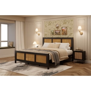Queen Size Bed Frame with Headboard - Boho Rattan Platform Bed Frame with Reinforced Metal Slats | No Box Spring Required | Sturdy Noise-Free Design for Quiet Sleep | Easy Assembly Modern Bedroom Furn