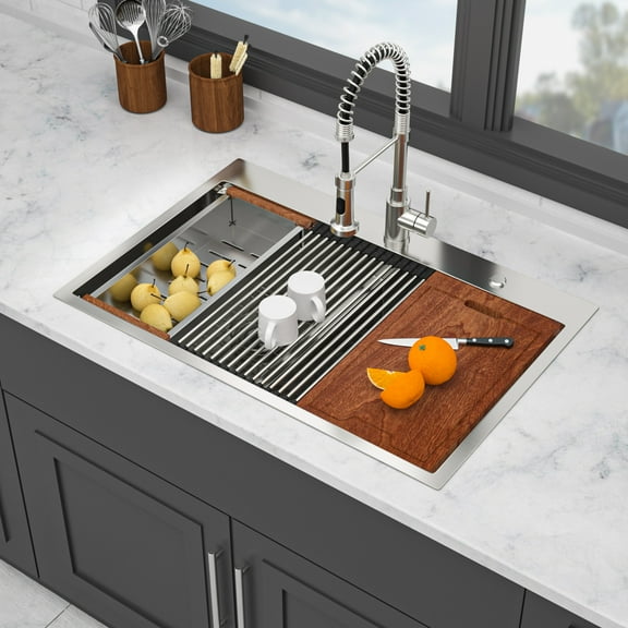 Boyuevi Topmount Drop in Kitchen Sink - 33"x 22" x 10" Double Bowl (50/50) Kitchen Sink 16 Gauge with Two 10" Deep Basin, Brushed Nickel
