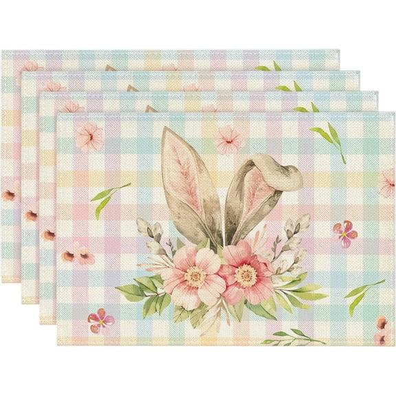 Colourful Buffalo Plaid Bunny Ears Flower Easter Placemats Set of 4, 12x18 Inch Seasonal Holiday Table Mats for Party Kitchen Dining Decoration