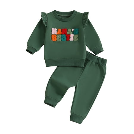 

Raccmtaty Toddler Girls Fall Outfits Letter Embroidery Ruffles Long Sleeve Sweatshirt and Elastic Pants Set Baby 2 Piece Clothes