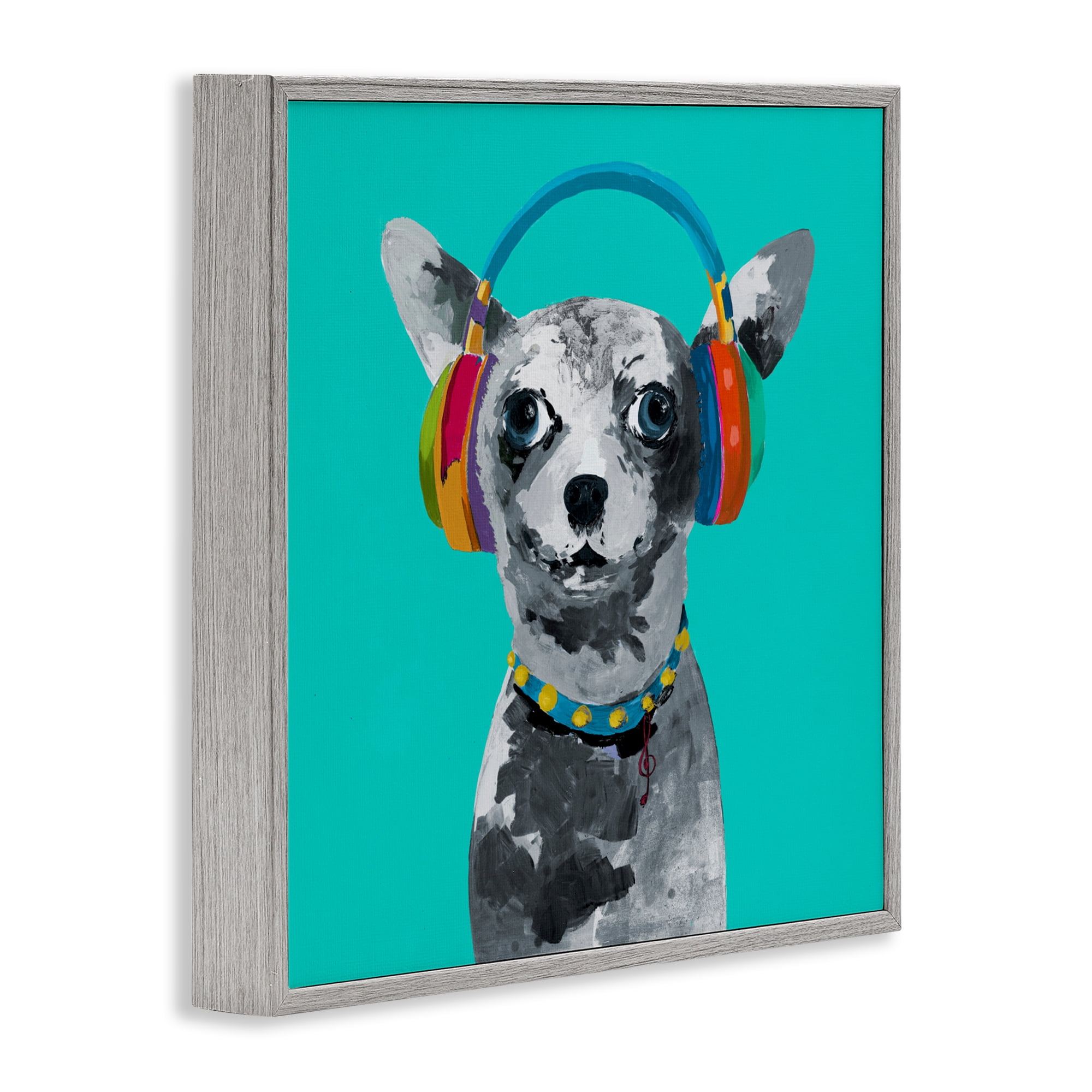 Stupell Industries Jammin' Pup on Blue Gray Framed Giclee Art, design by Lorenzo Collective