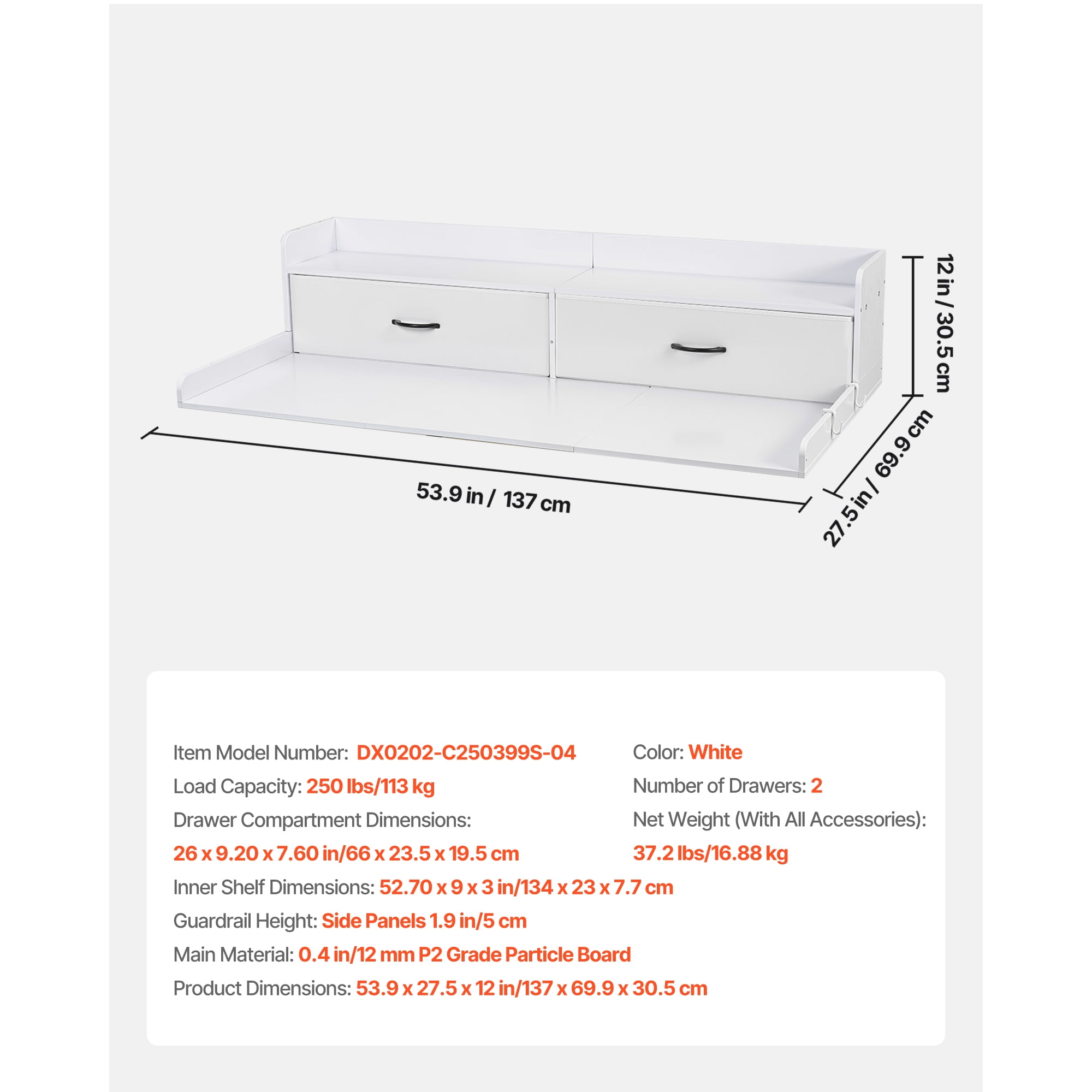 KFFKFF Washer Dryer Countertop with Shelf, 54 x 27.5 in Wooden Laundry Topper with 2 Drawers & 2 Hooks, Laundry Machine Organizer for Closet and Pantry Storage, White