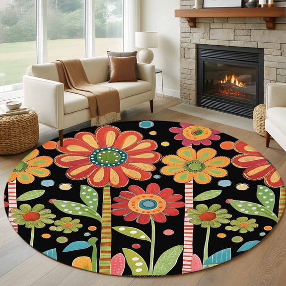 Round Rugs 6Ft, Vintage Sunflower Round Area Rug Washable Indoor Throw Carpet, Black Boho Retro Summer Botanical Soft Non Slip Circle Rug for Office Cabinet Home Decor Aesthetic